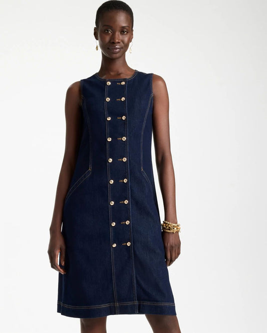 Button-Front Denim Midi Dress