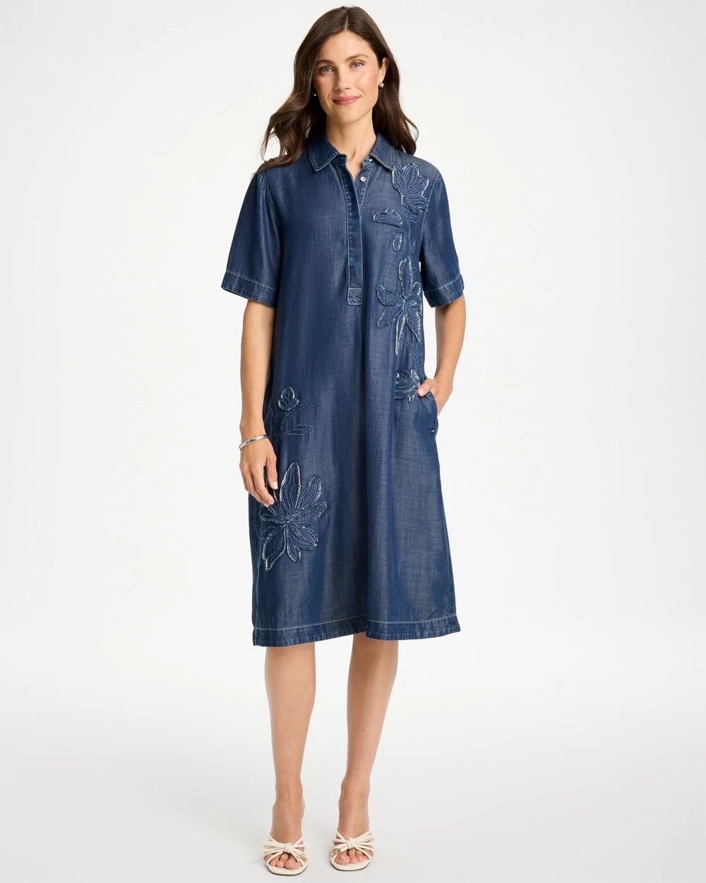 Embroidered Denim Midi Dress