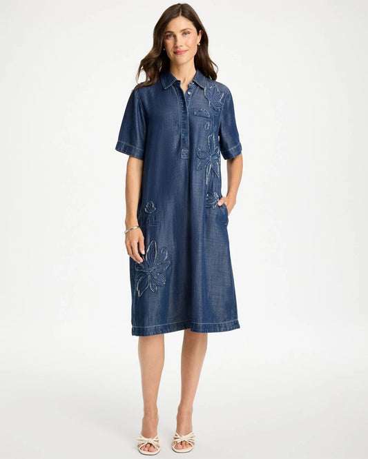 Embroidered Denim Midi Dress